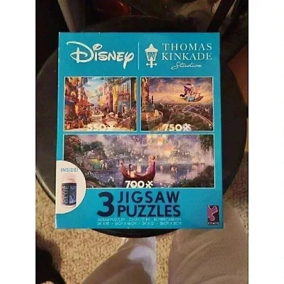 Ceaco Disney Thomas Kinkade 3-In-1 Puzzles W/Glue Mickey, Aladdin, Tangled 2020 - Picture 1 of 5
